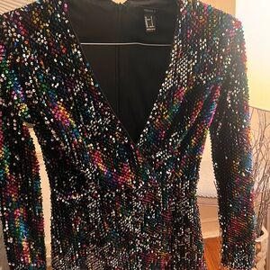 Forever 21 Black and Red Bodycon Dress with V-Neck and Cuffed Sleeves